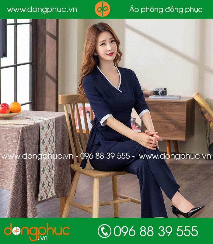 Đồng phục spa màu tím than viền trắng